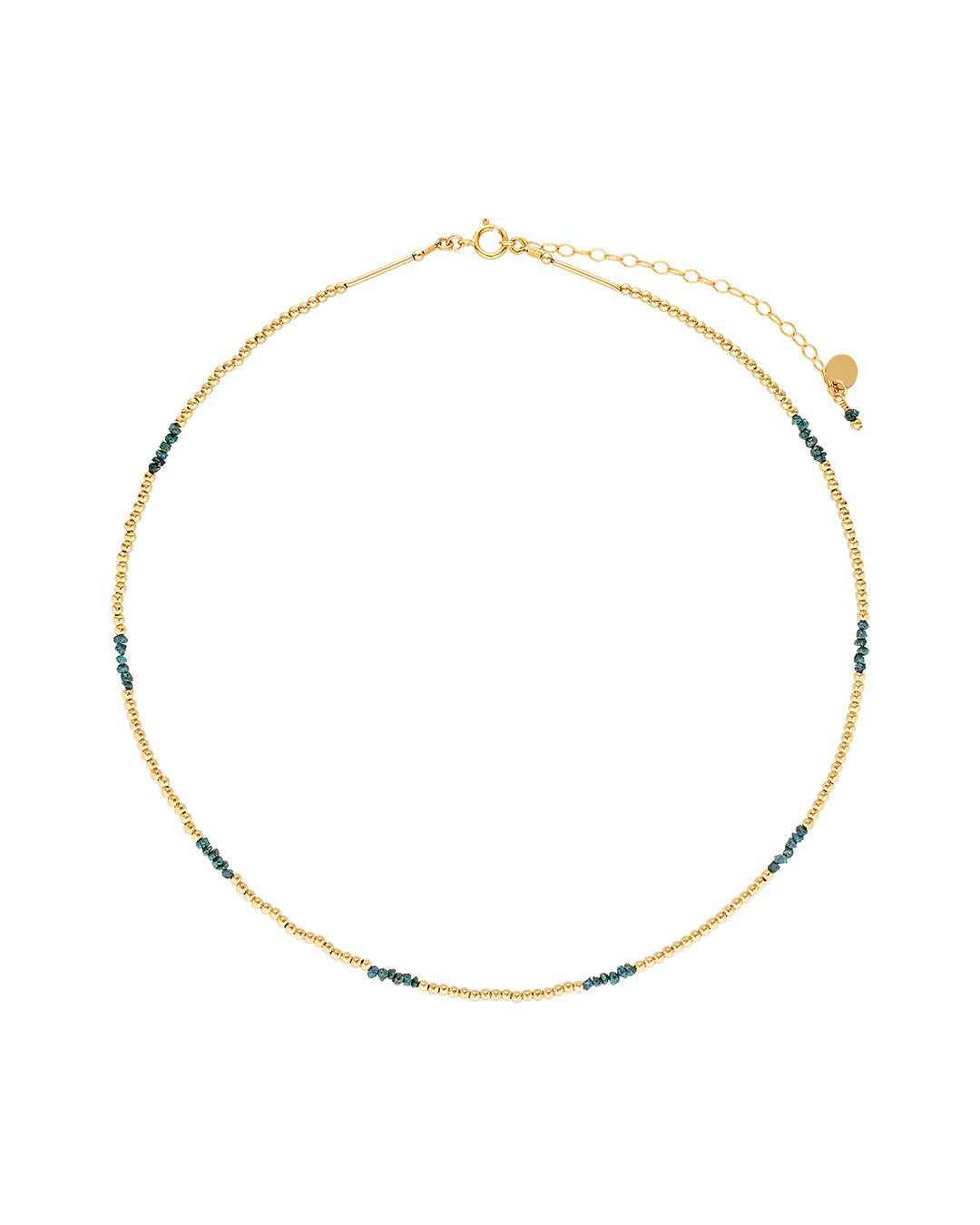 Gold necklace with natural blue raw Diamond nuggets and radiant gold beads