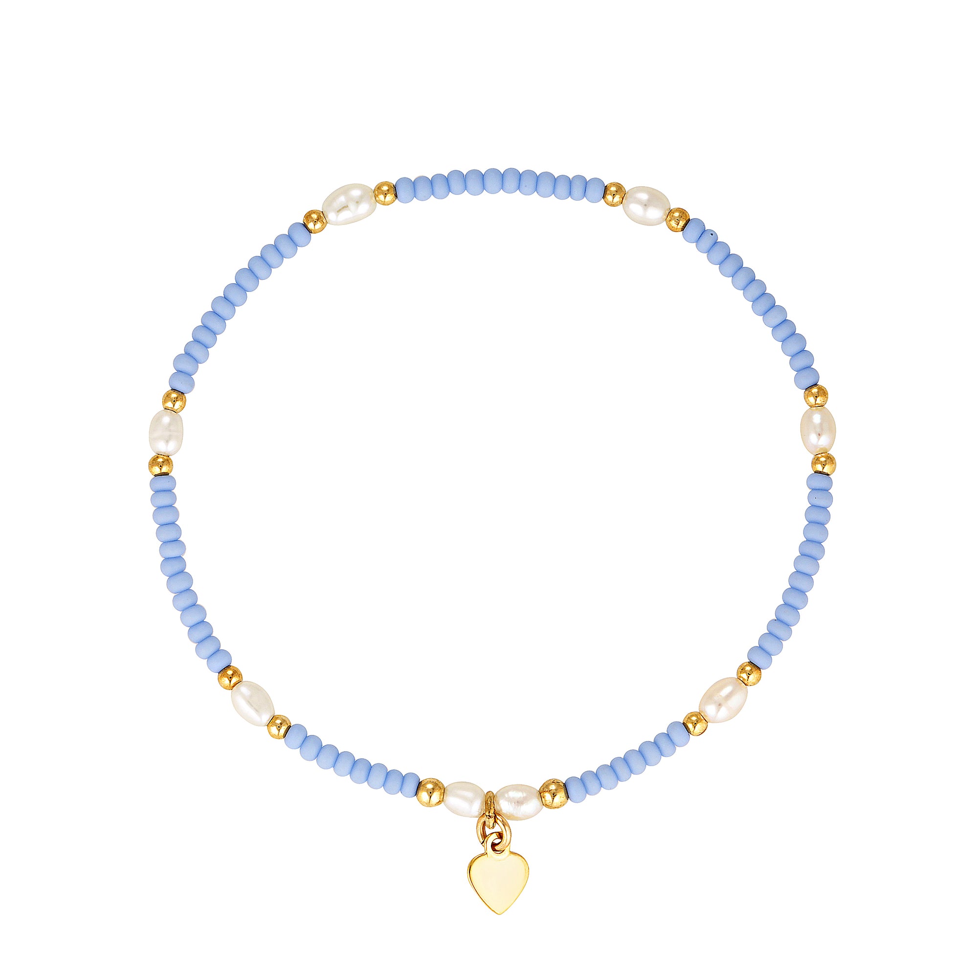 A violet-coloured gold beaded bracelet featuring a combination of violet and blue toned glass bead with pearls, finished with a small gold-filled heart-shaped charm.