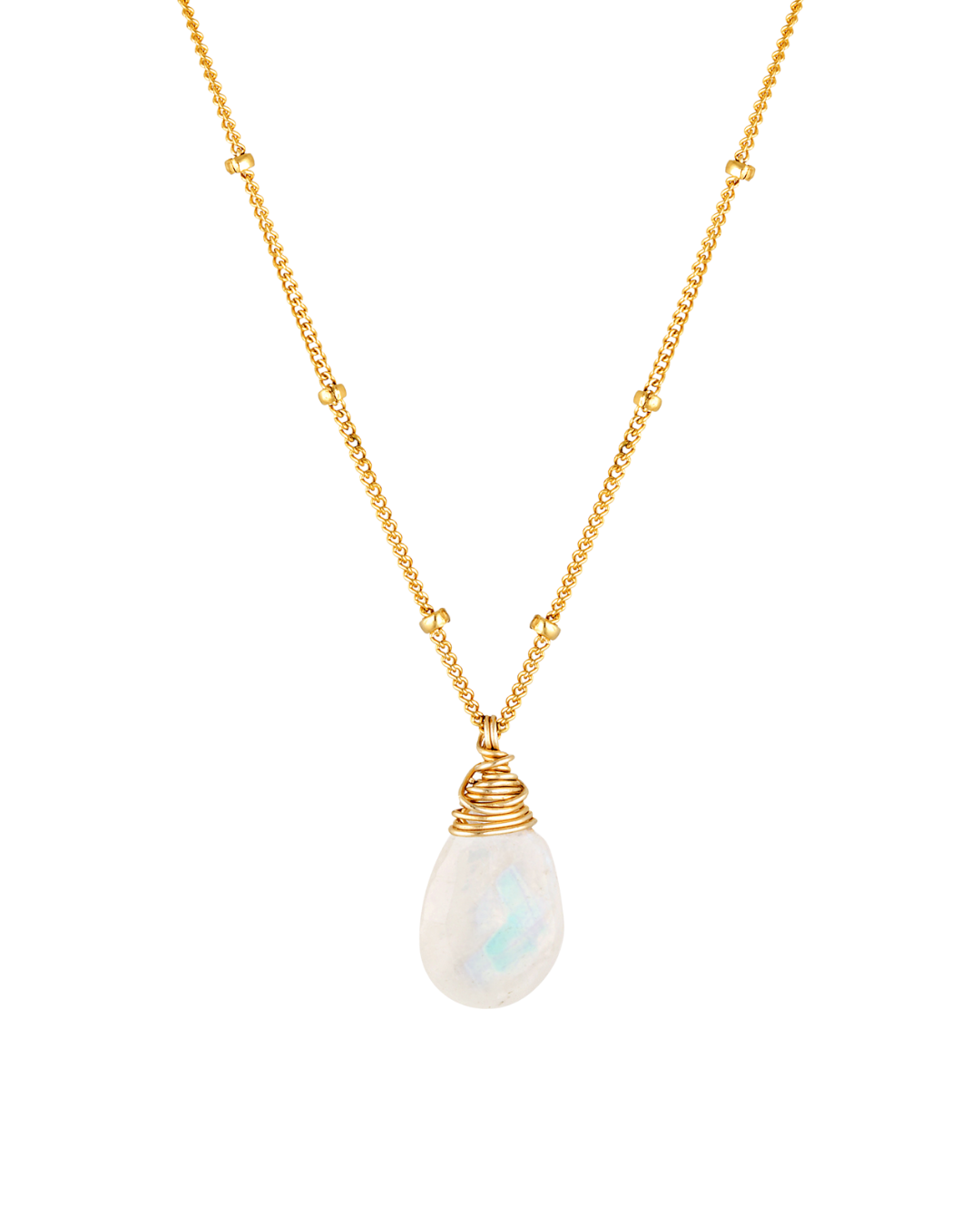 Gold necklace with a teardrop-shaped  moonstone pendant on a white background