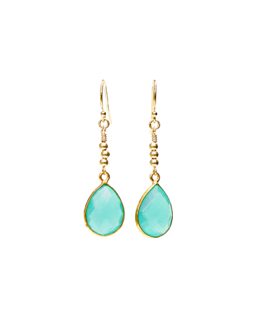 Gold earrings with chalcedony teardrop stones on a white background