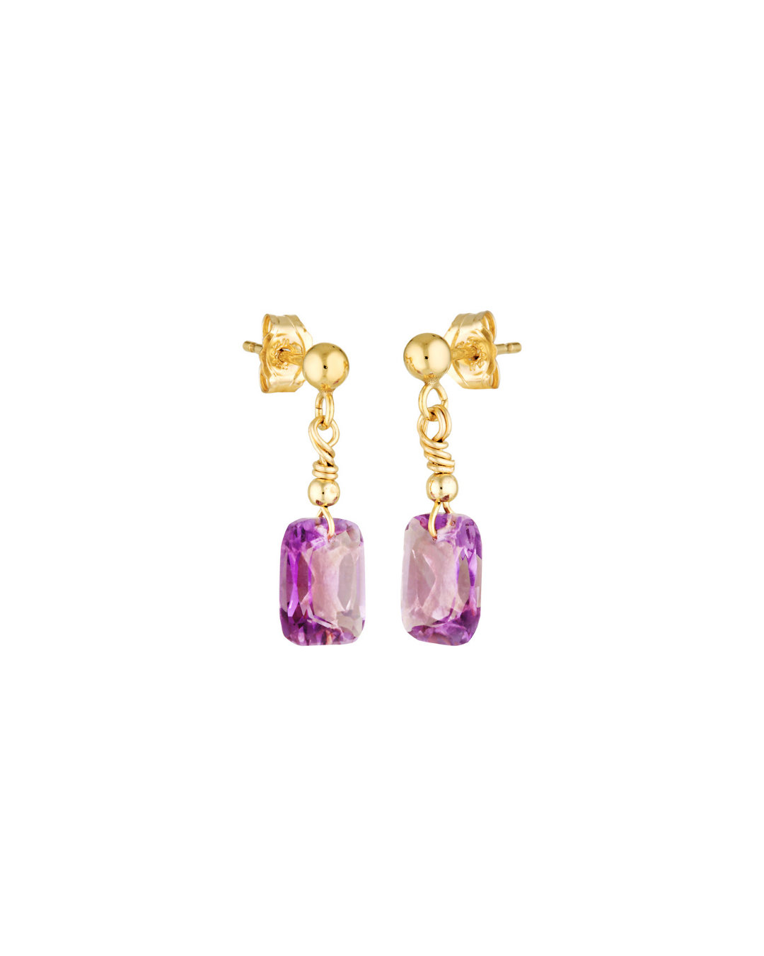 Gold earrings with purple amethyst gemstones on a white background