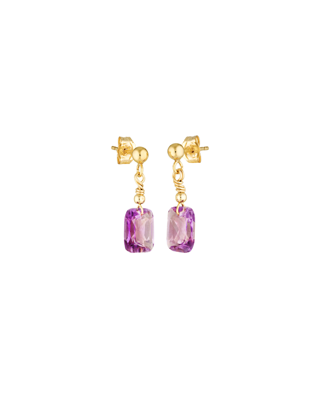 Gold earrings with purple amethyst gemstones on a white background