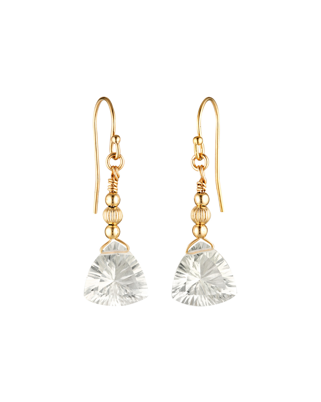 Gold earrings with green amethyst drops on a white background