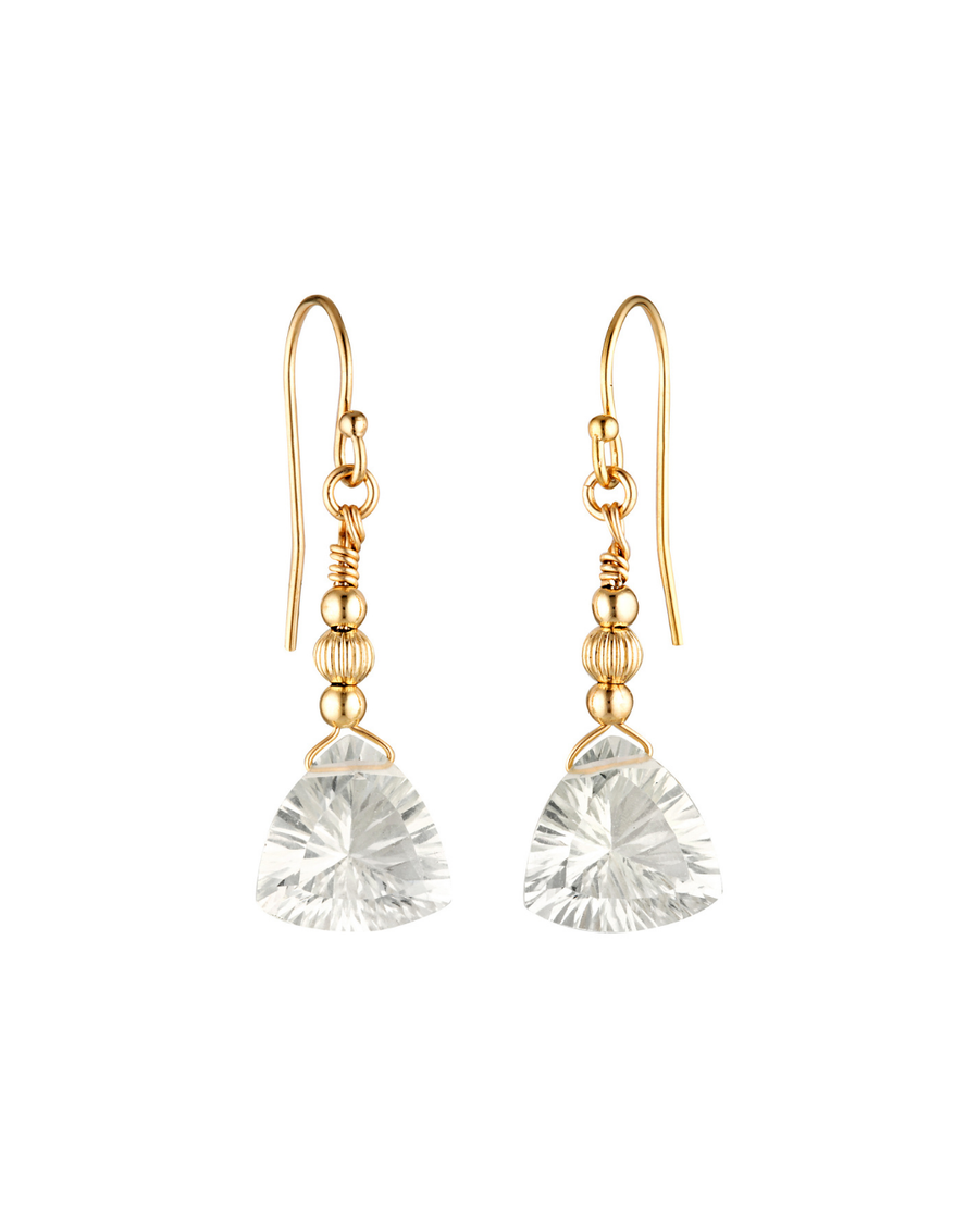 Gold earrings with green amethyst drops on a white background
