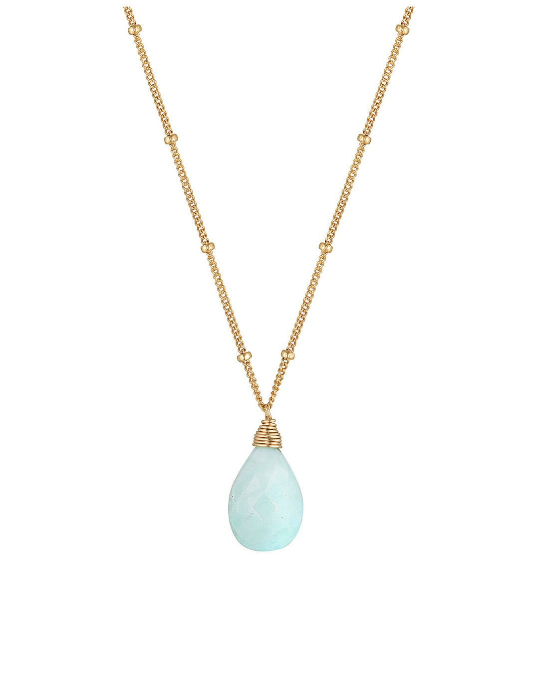 Gold necklace with a teardrop-shape peruvian opal light blue pendant on a white background