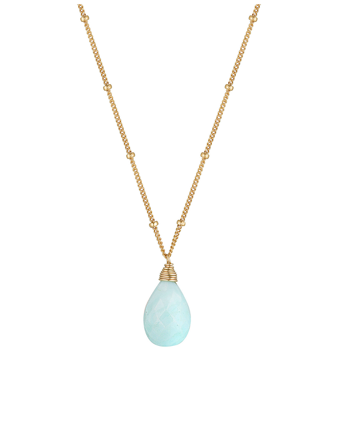 Gold necklace with a teardrop-shape peruvian opal light blue pendant on a white background