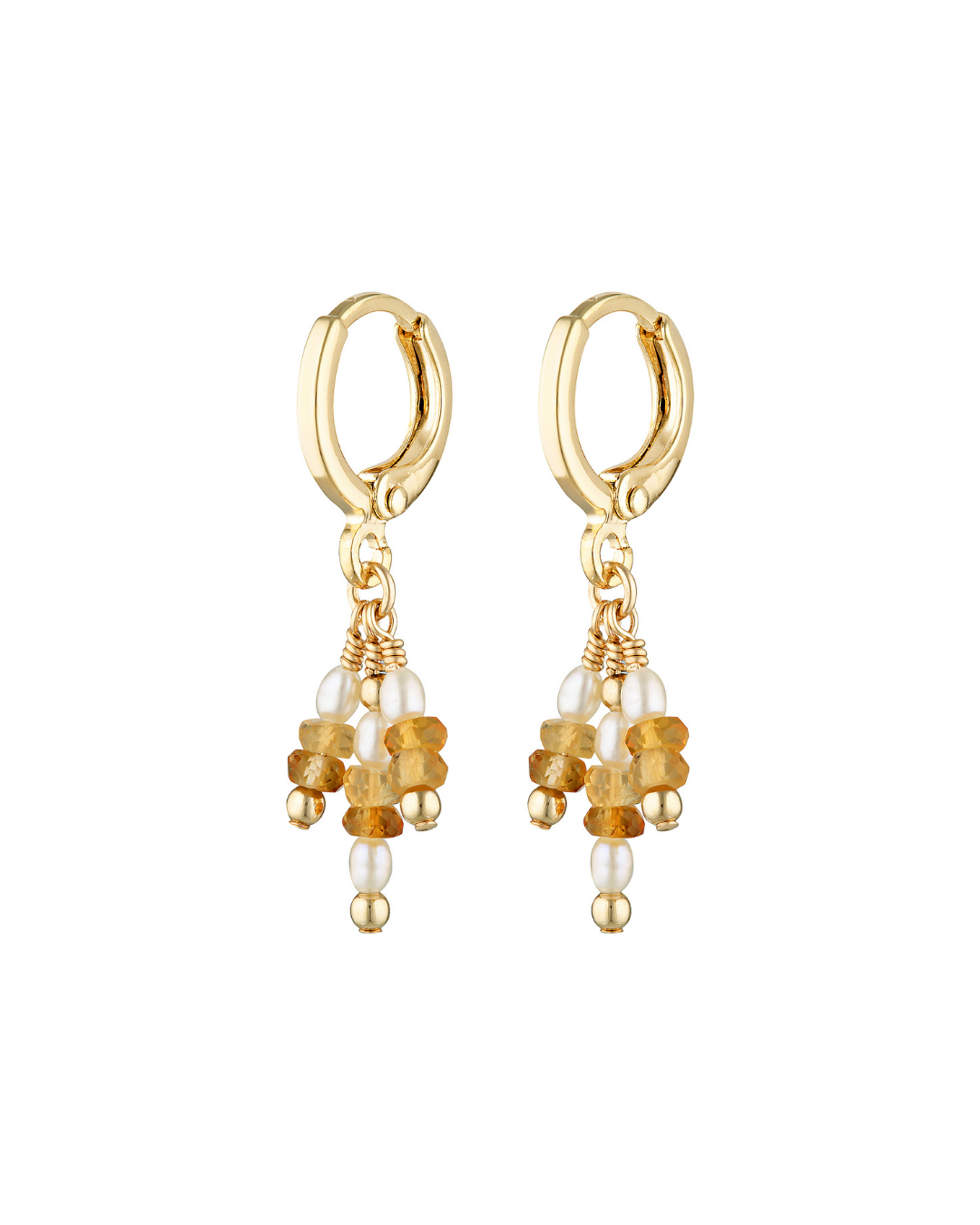 Gold hoop earrings with pearl and citrine beads on a white background