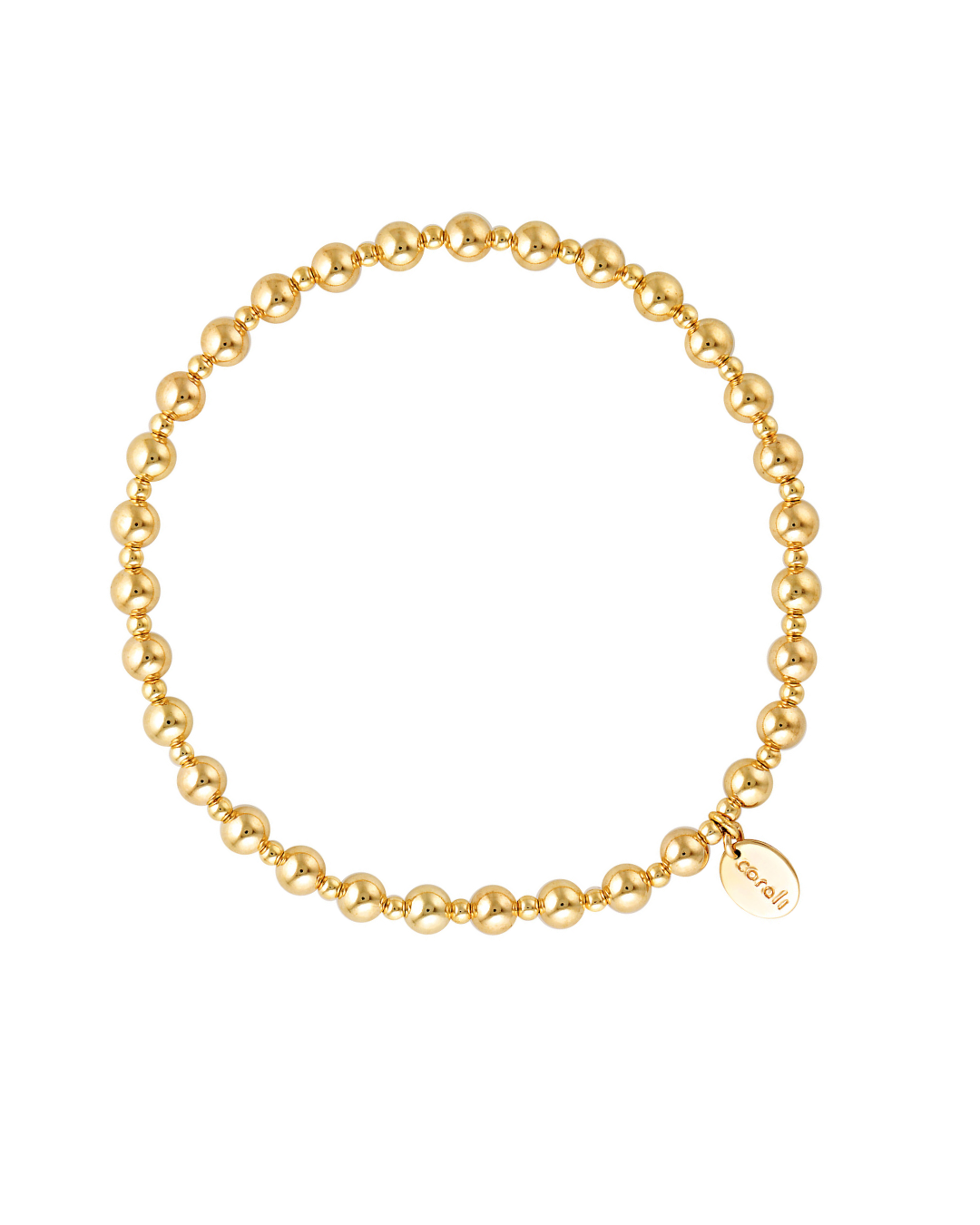 Gold beaded bracelet on a white background