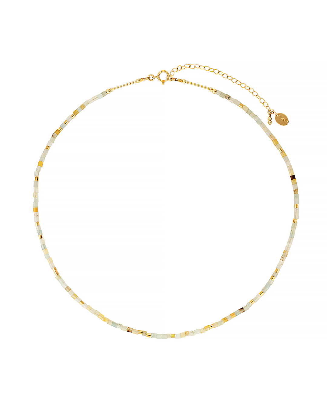 Gold necklace with amazonite gemstones on a white background