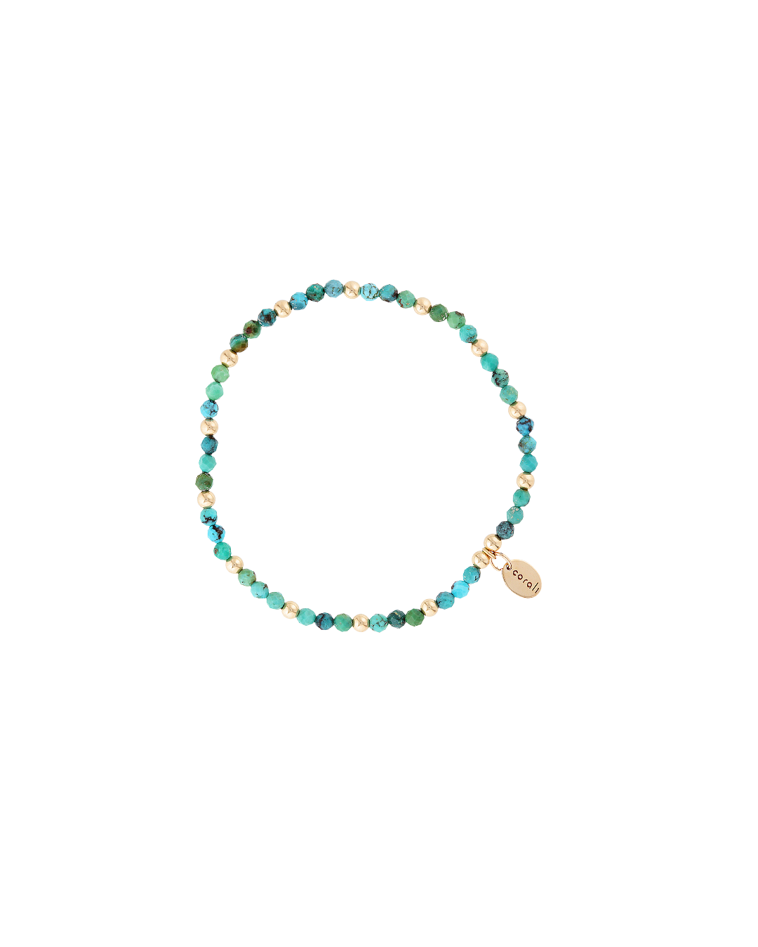 Gold beaded bracelet with turquoise gemstones on a white background