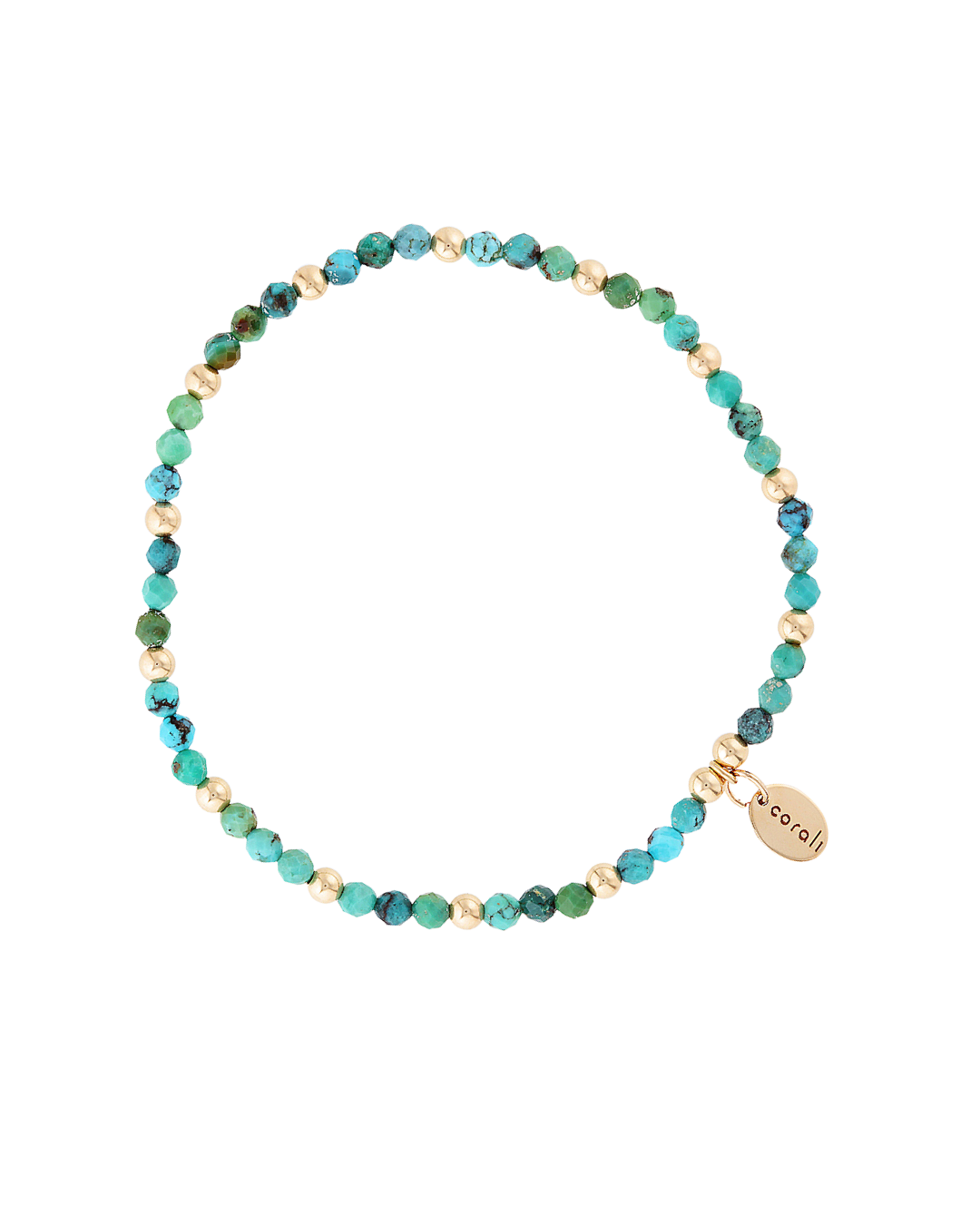 Turquoise beaded bracelet with a gold tag on a white background