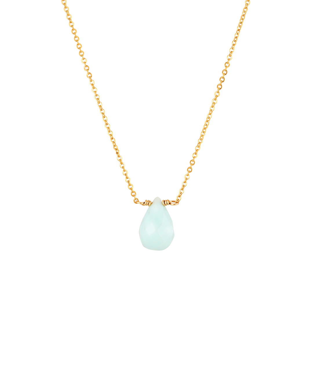 Gold necklace with a blue Peruvian opal teardrop pendant on a white background