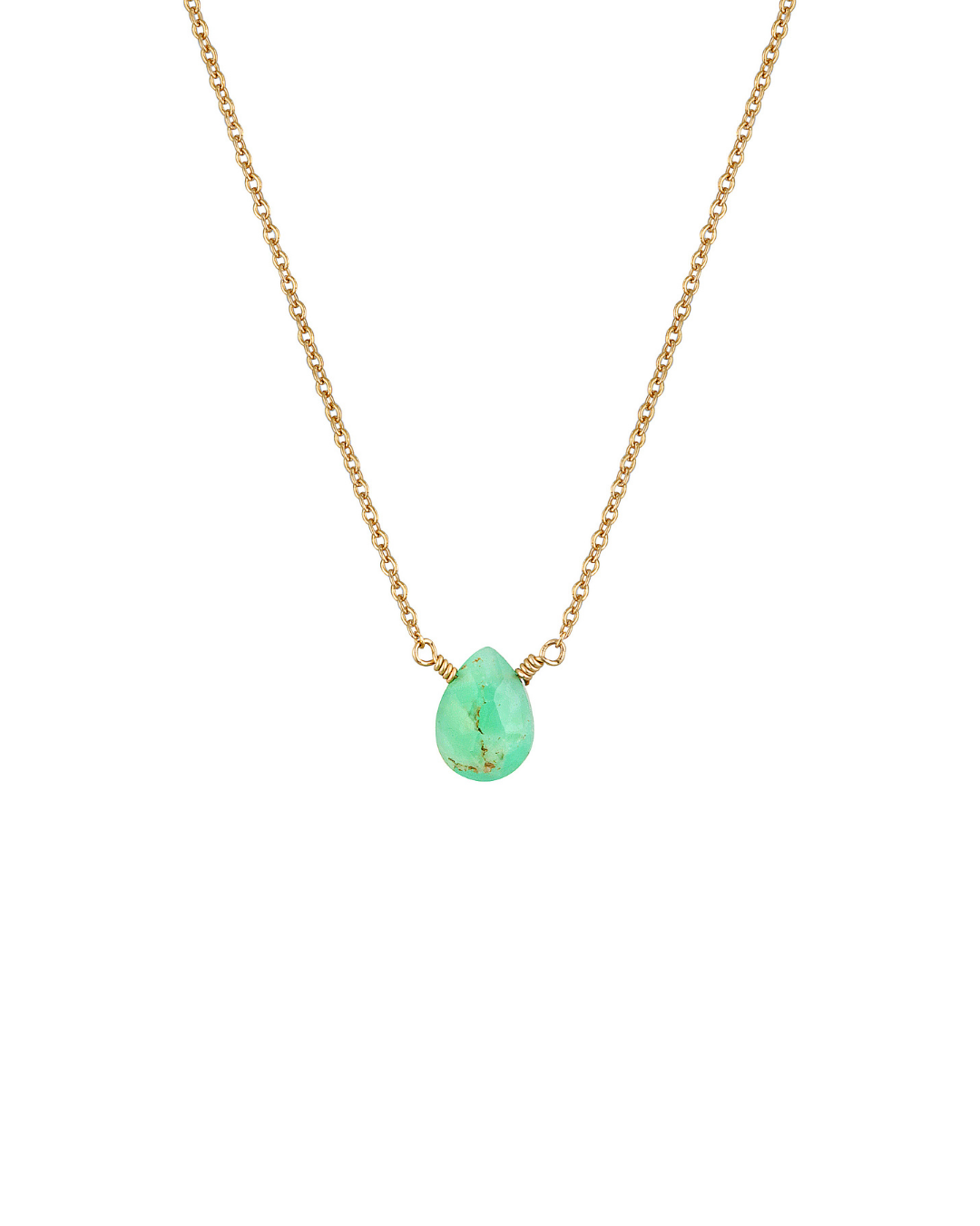 Gold necklace with a green Chrysoprase teardrop pendant on a white background