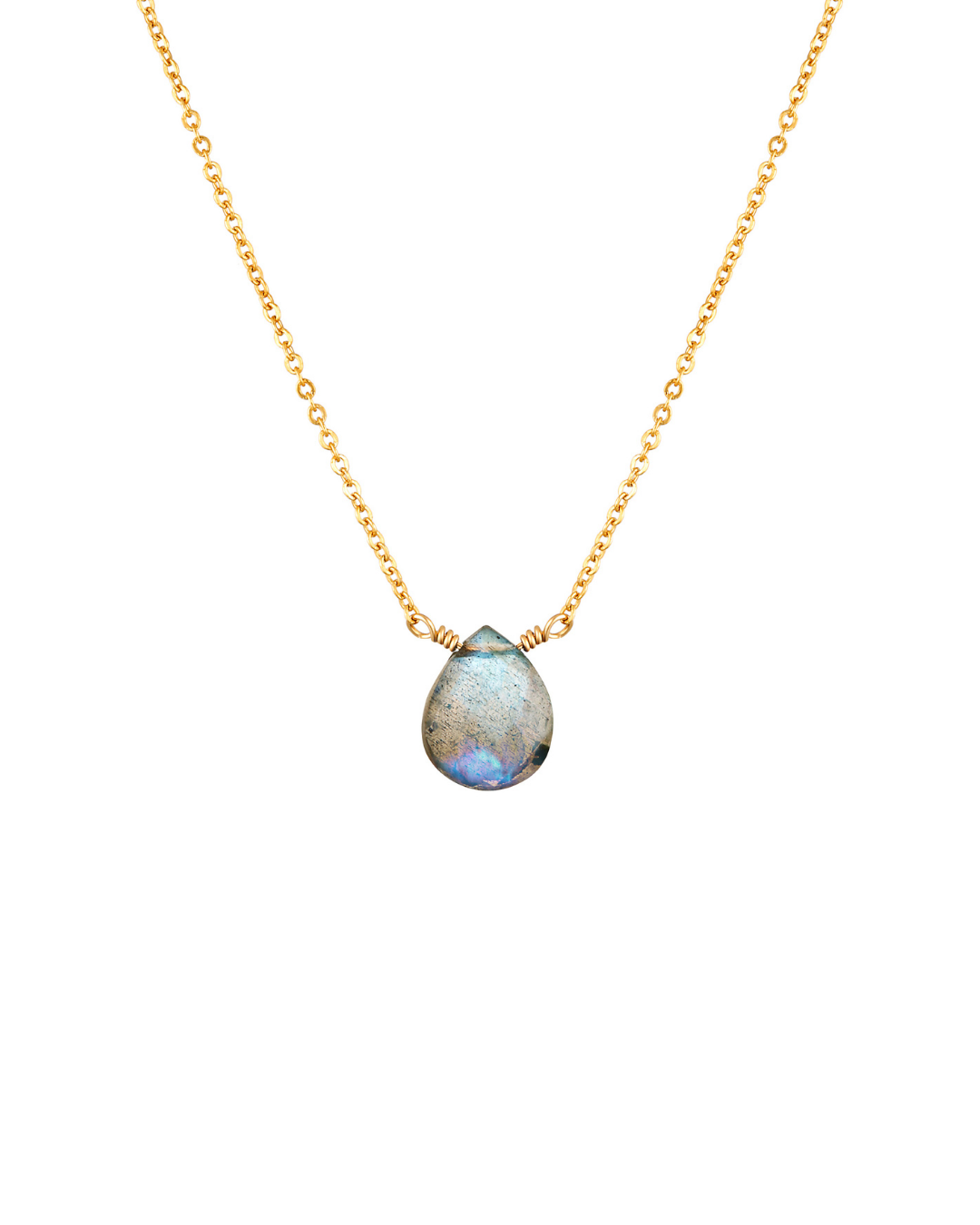 Necklace with a teardrop-shaped labradorite pendant on a gold chain against a white background