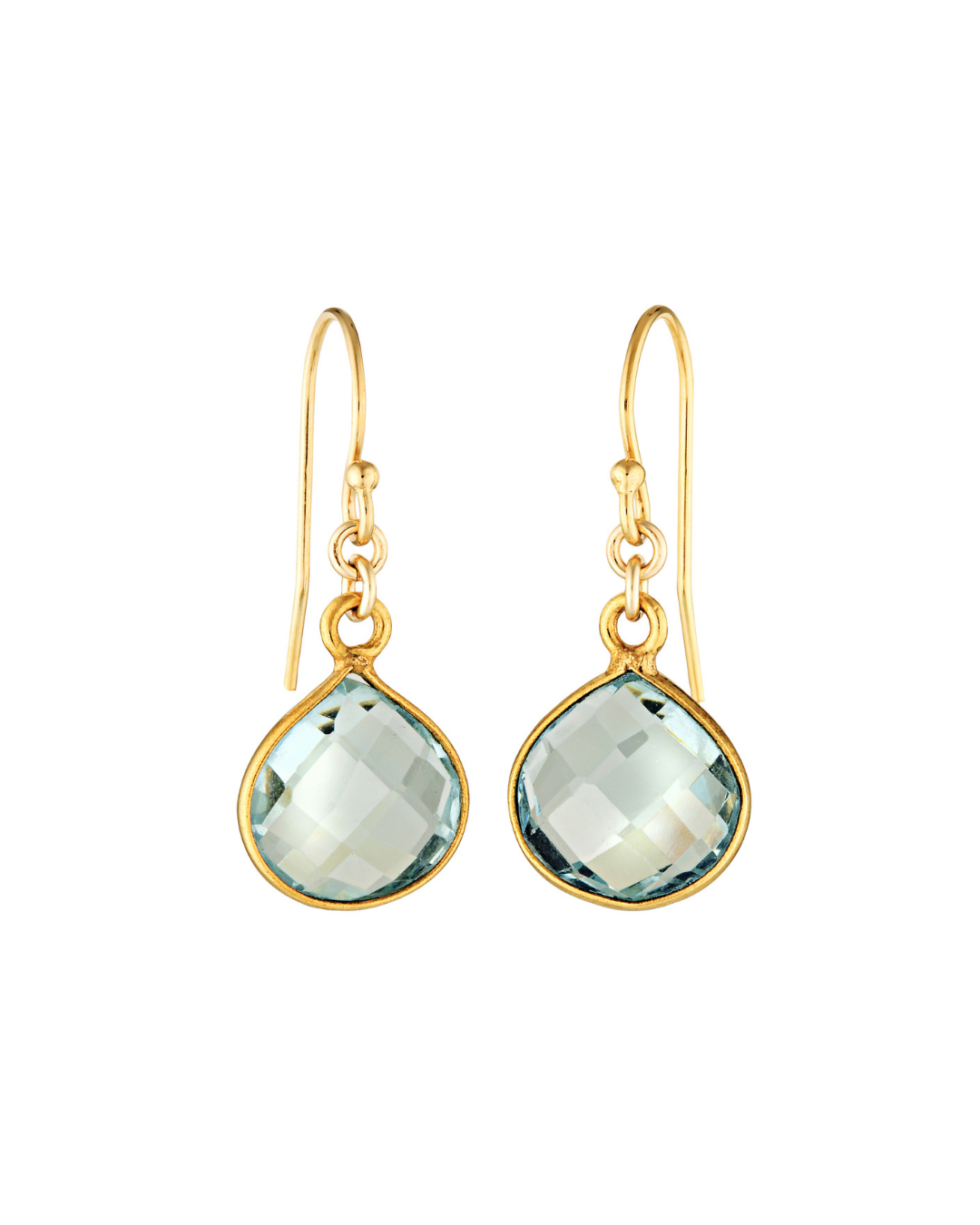 Gold earrings with green teardrop-shaped gemstones on a white background