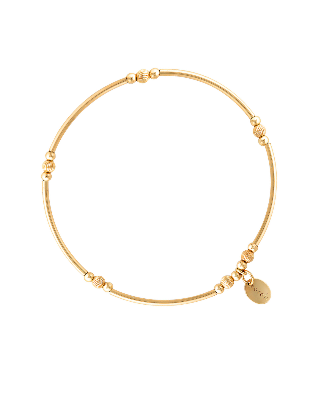 Gold bracelet with small beads on a white background
