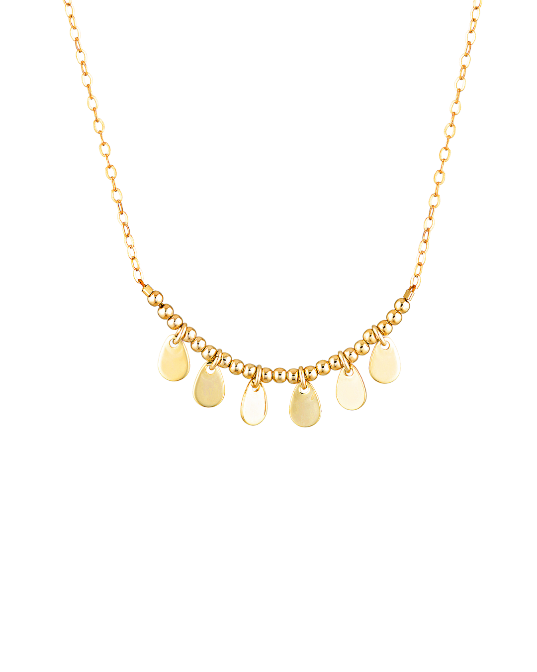 Gold necklace with teardrop-shaped gold pendants on a white background