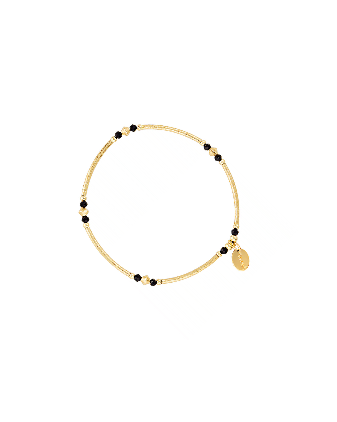 Gold beaded bracelet with black gemstones on a white background
