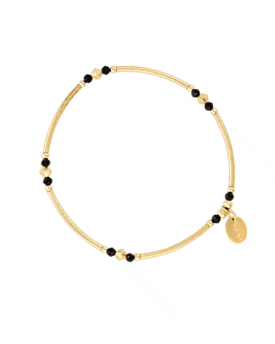 Gold bracelet with black spinel beads on a white background