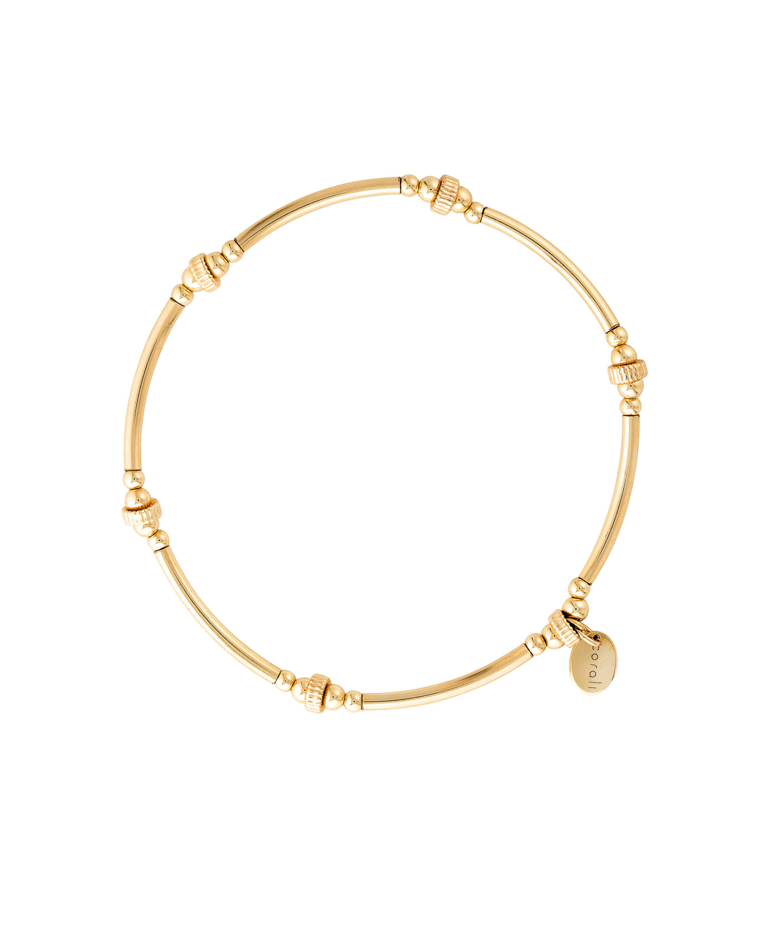Gold bracelet  with tube and round beads on a white background
