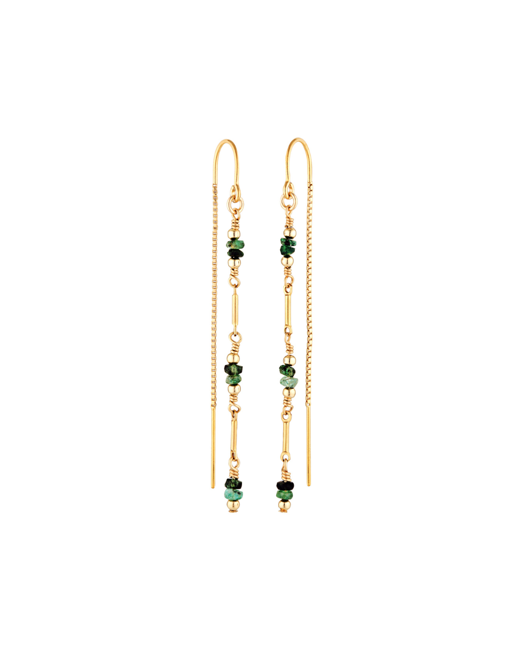Gold thread earrings with green emerald gemstones on a white background