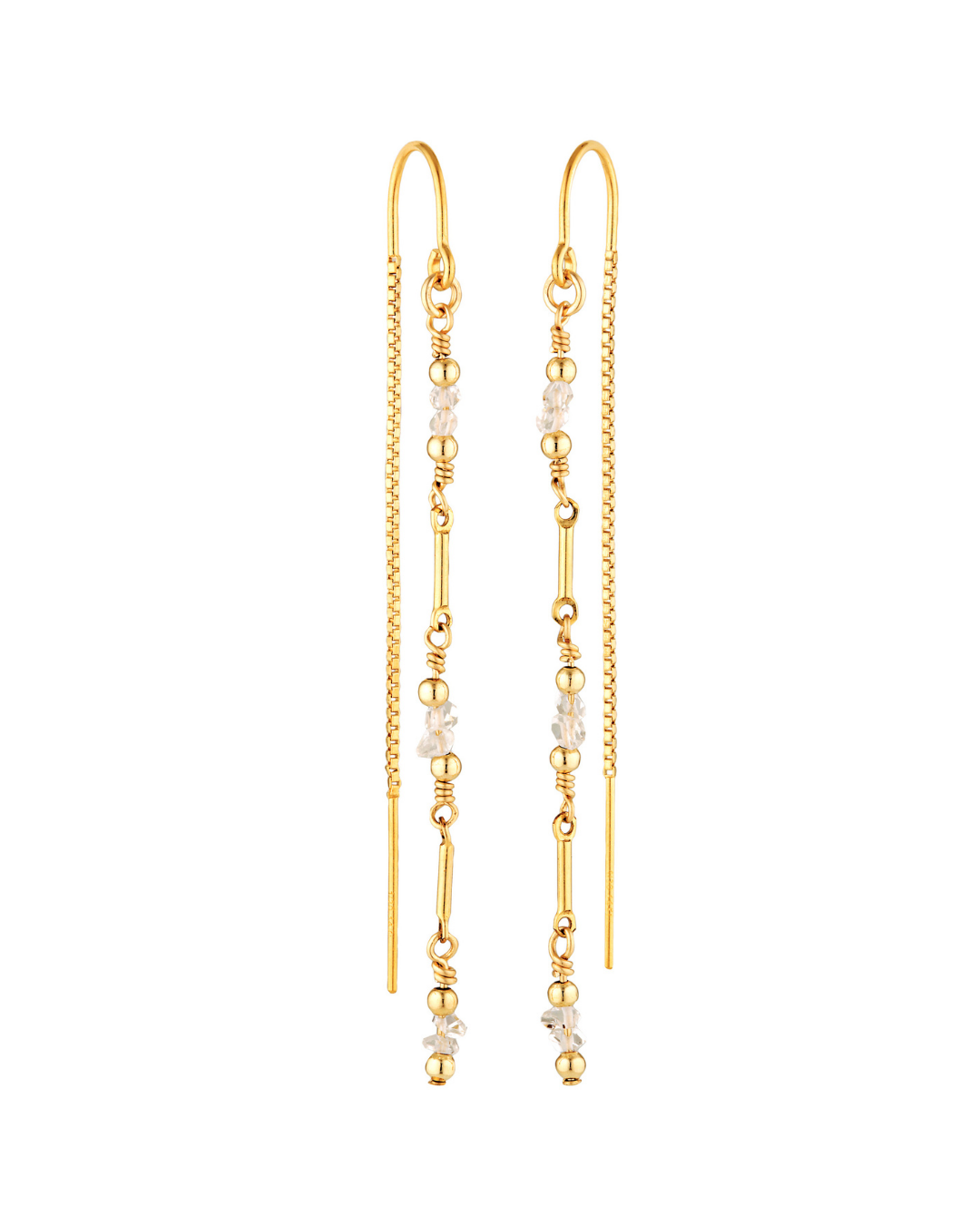Gold chain earrings with herkimer diamond beads on a white background
