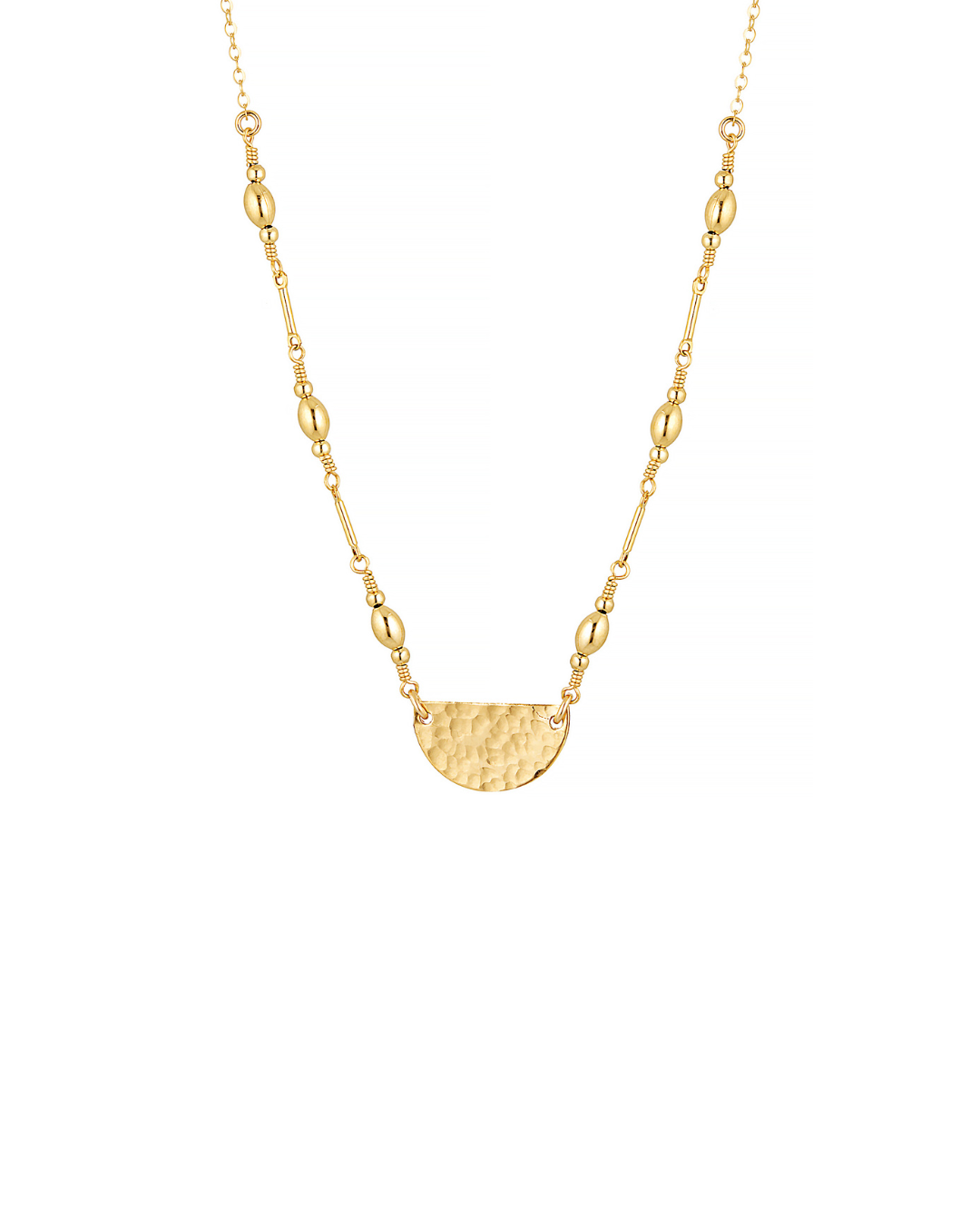 Gold necklace with a half-circle pendant on a white background