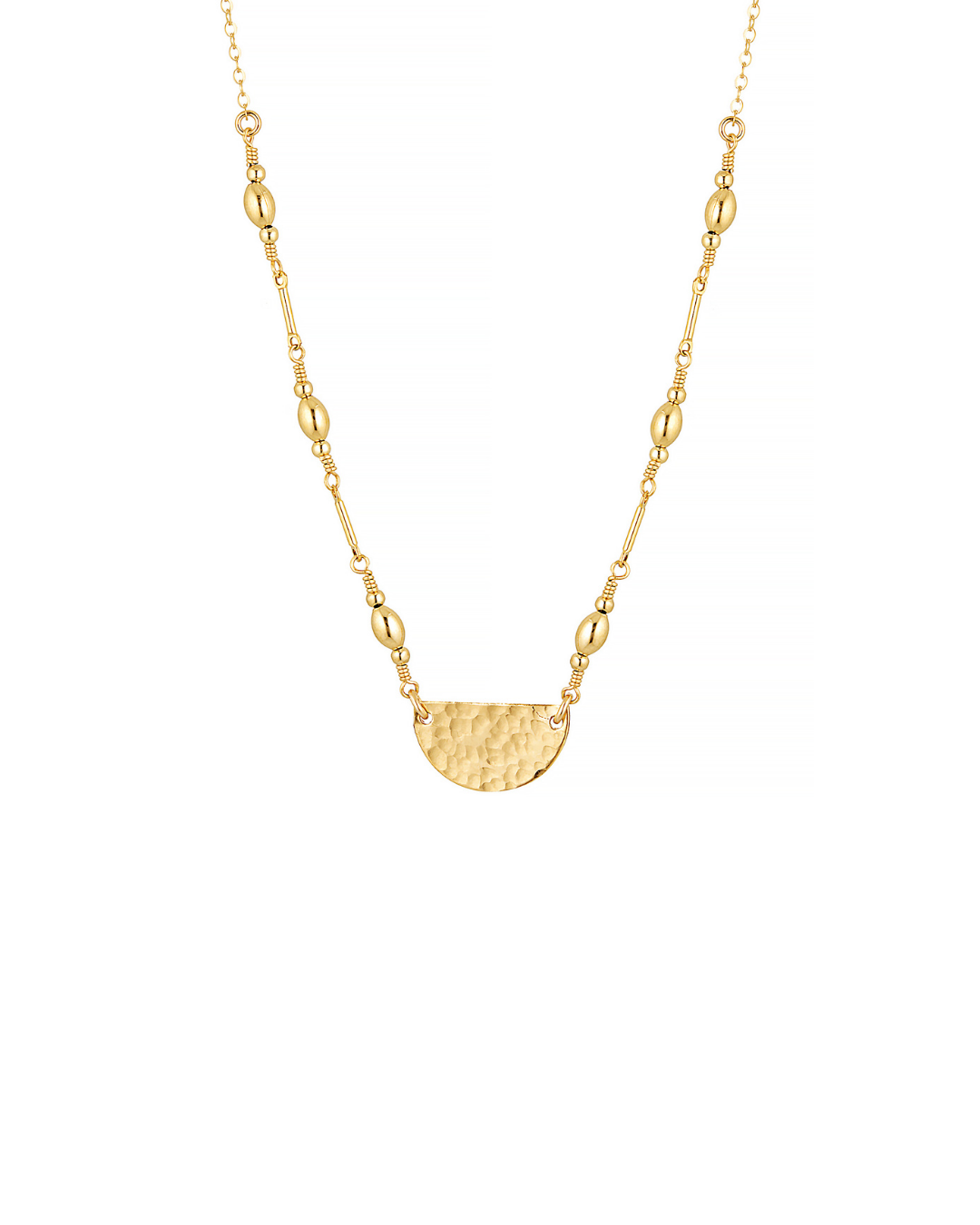 Gold necklace with a half-circle pendant on a white background