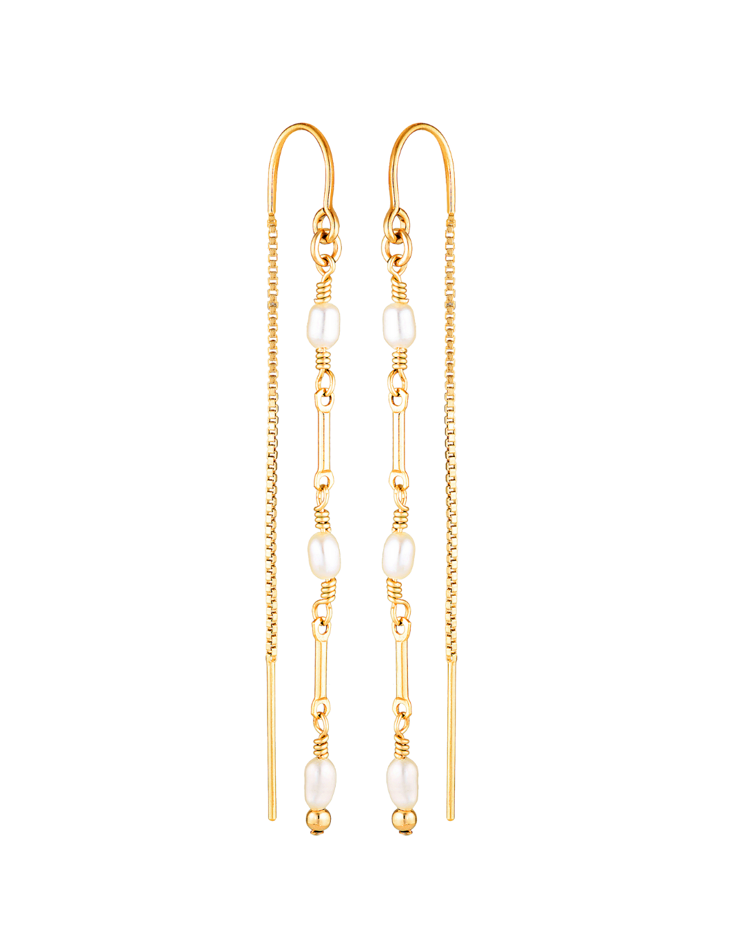 Gold earrings with pearl beads on a white background