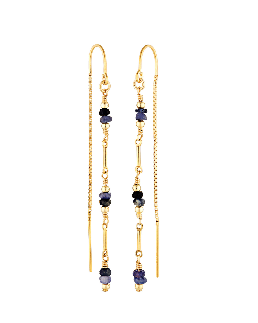 Gold earrings with blue sapphire beads on a white background