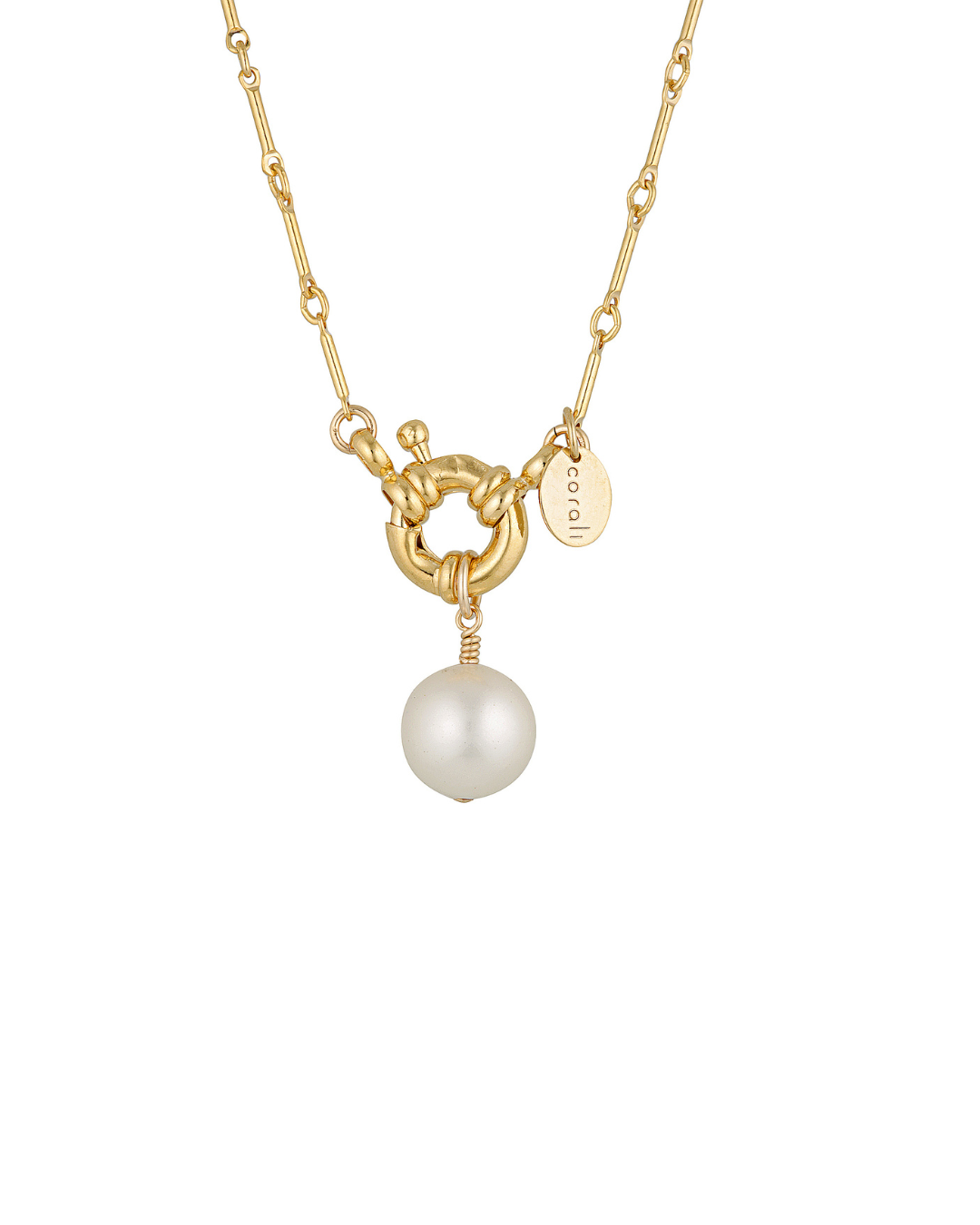 Gold necklace with a gold sailors clasp and pearl pendant on a white background