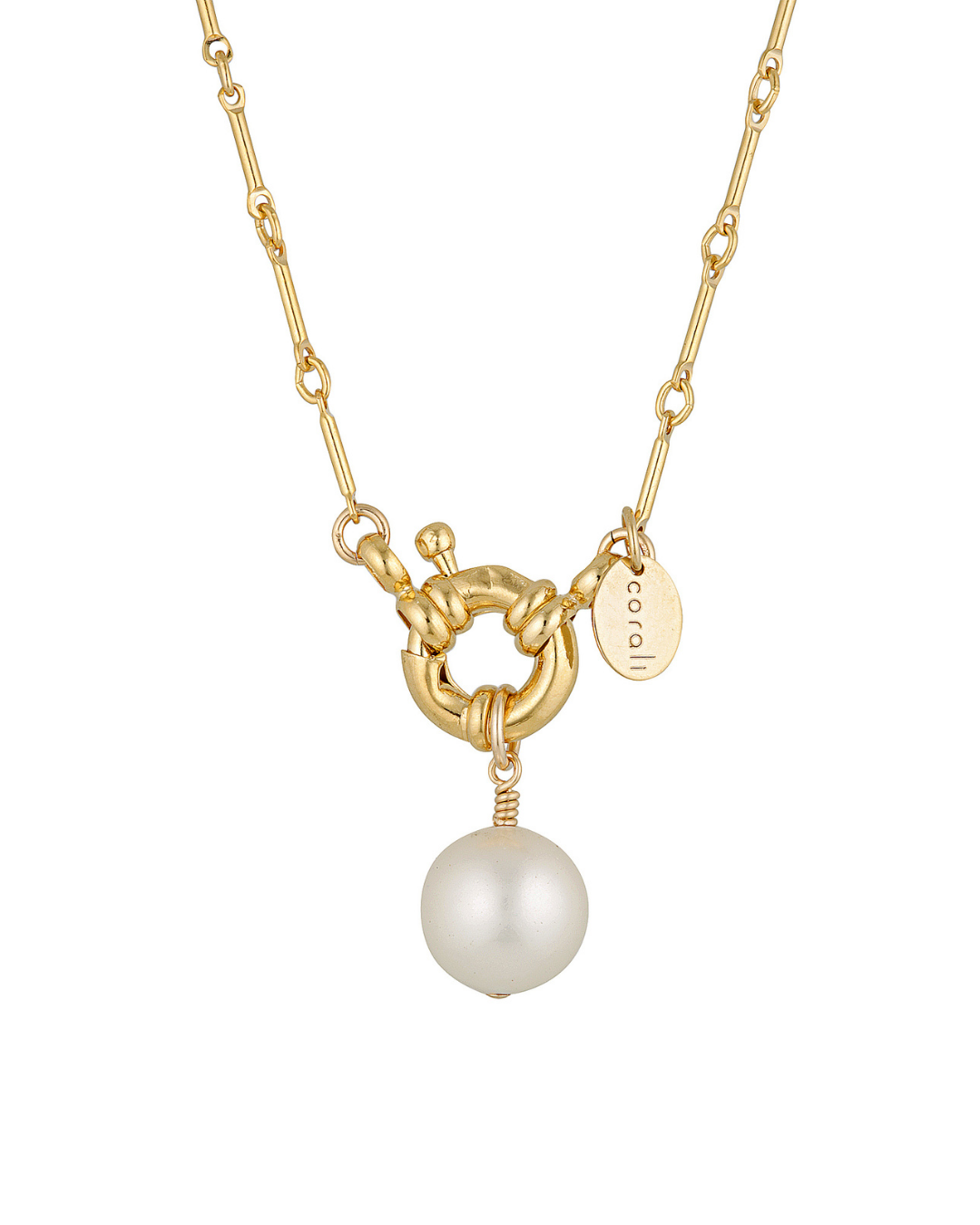Gold necklace with a pearl pendant on a white background