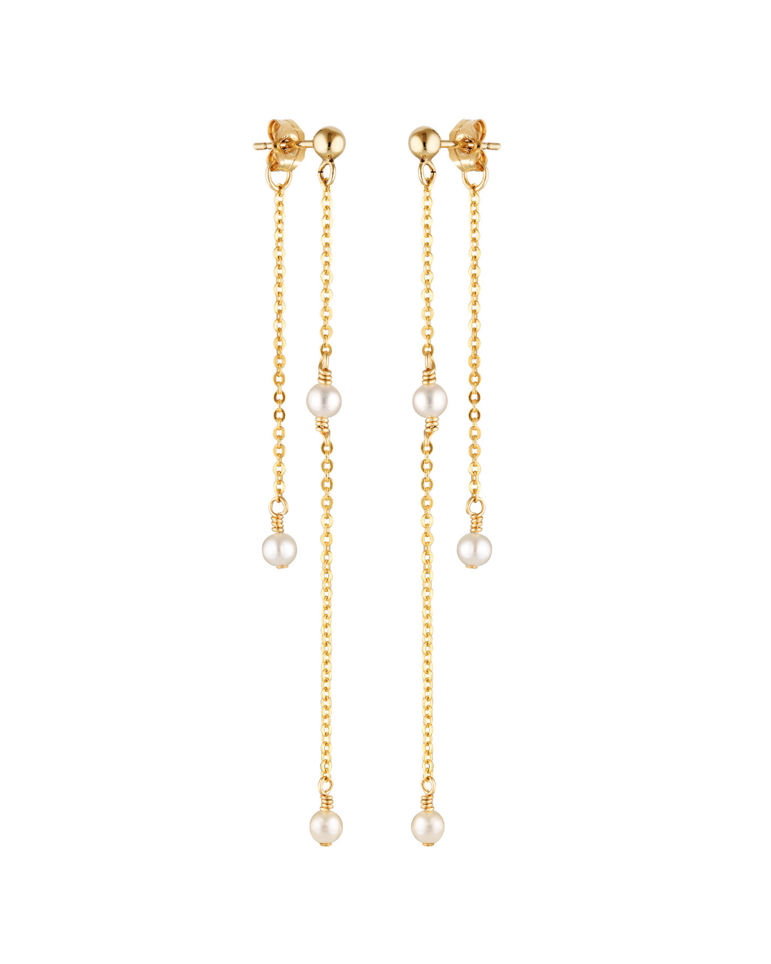 Gold and Pearl beaded drop earrings on white background.