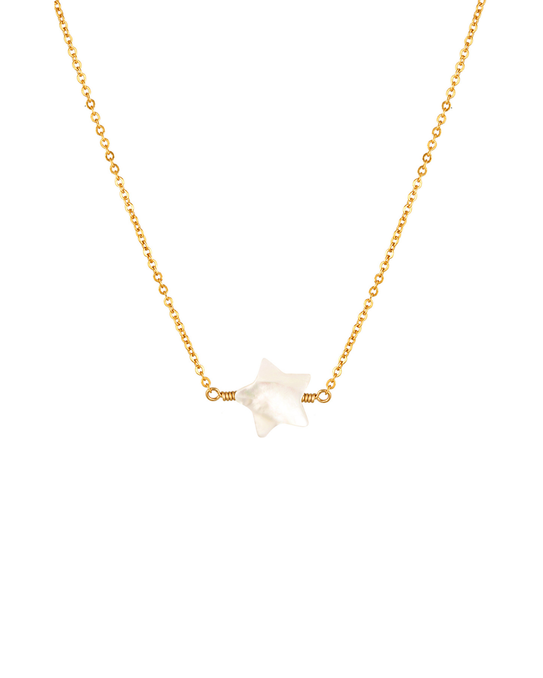 Gold necklace with a star-shaped mother of pearl pendant on a white background