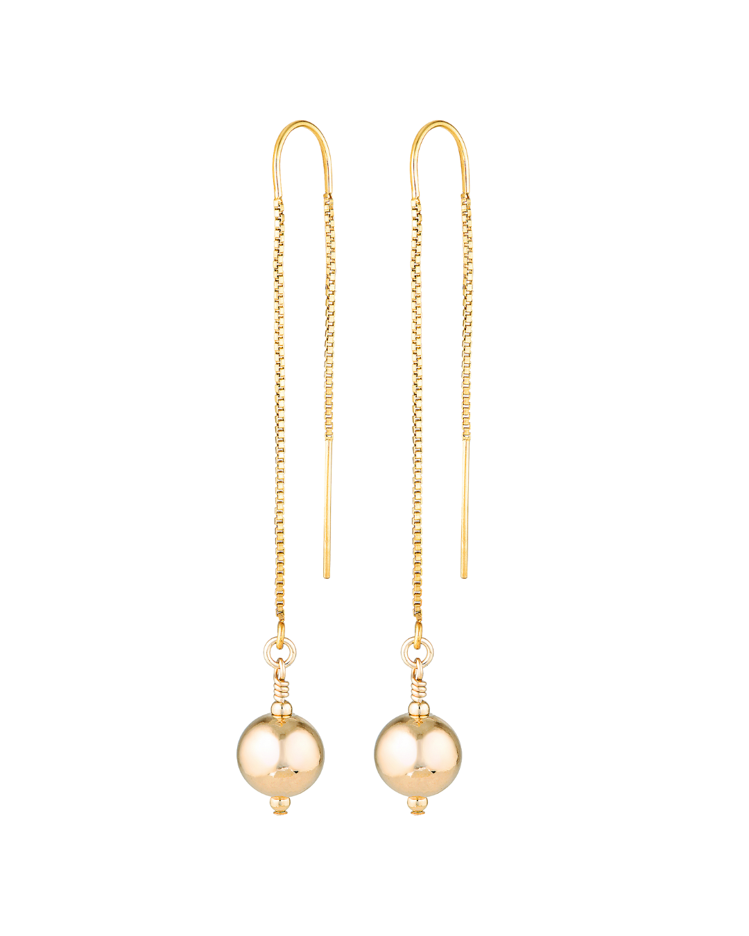 Gold threader earrings with round beads on a white background