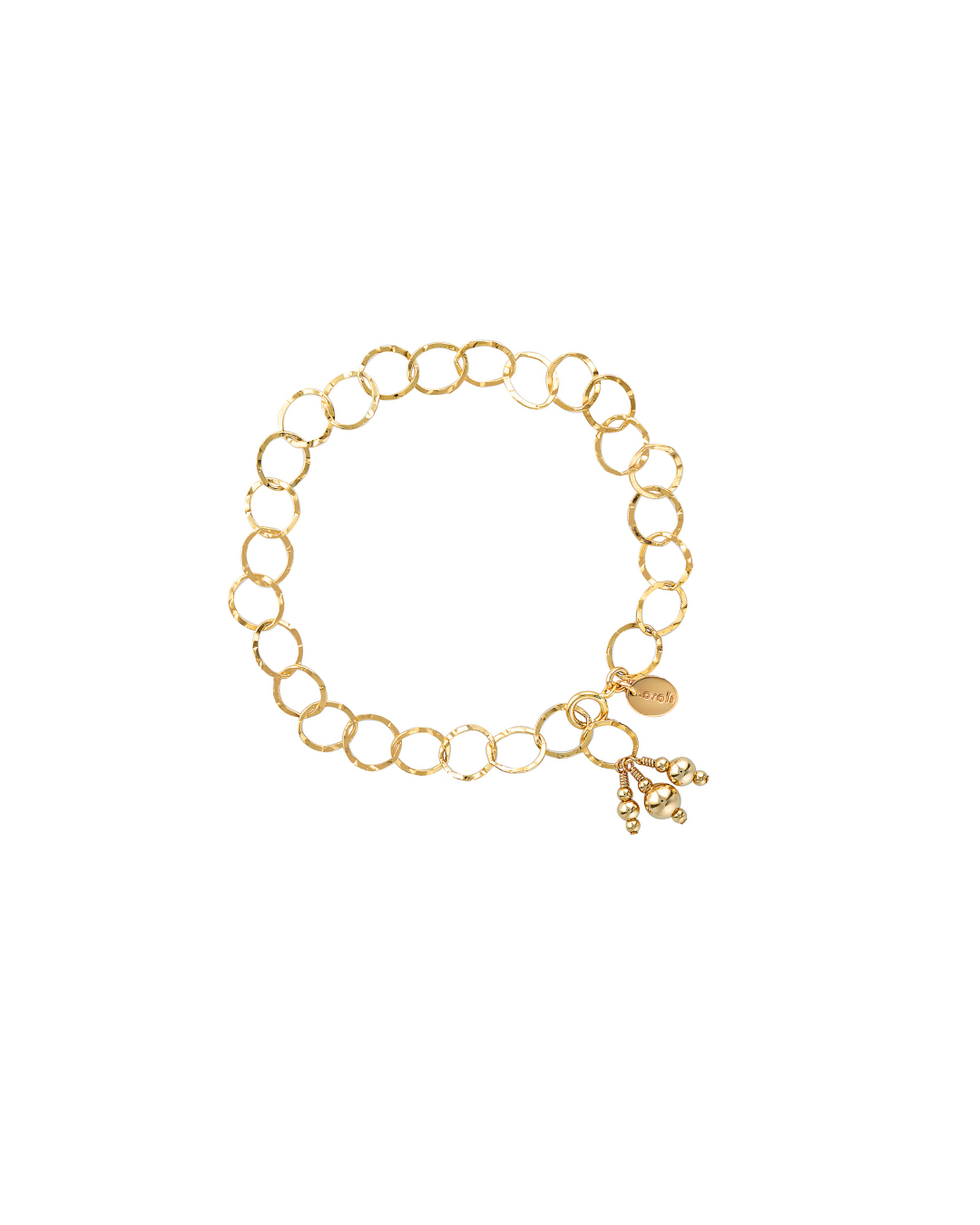 Gold chain bracelet with small charms on a white background