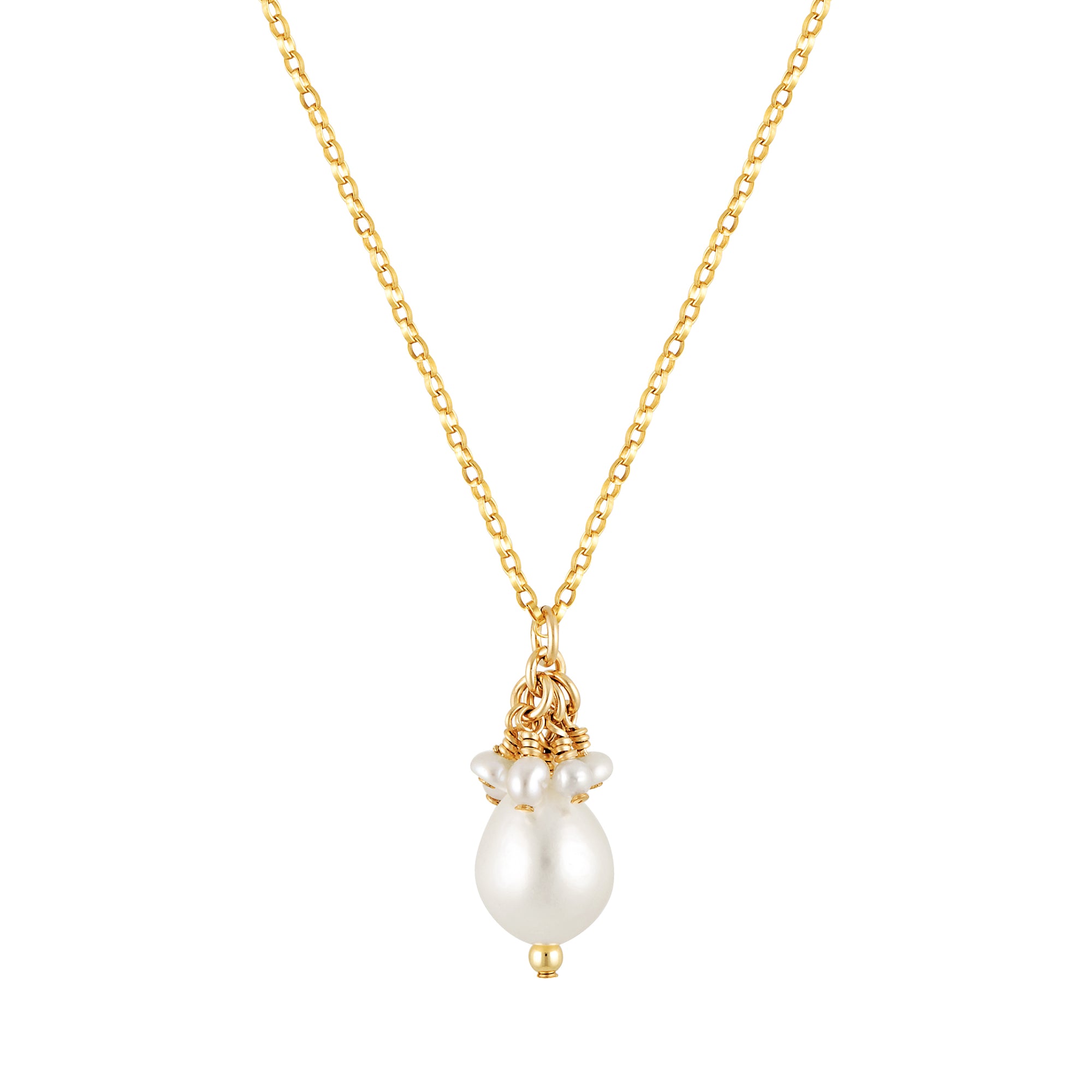 A gold necklace with a lustrous freshwater pearl pendant surrounded by a cluster of seed pearls, suspended from a fine chain.