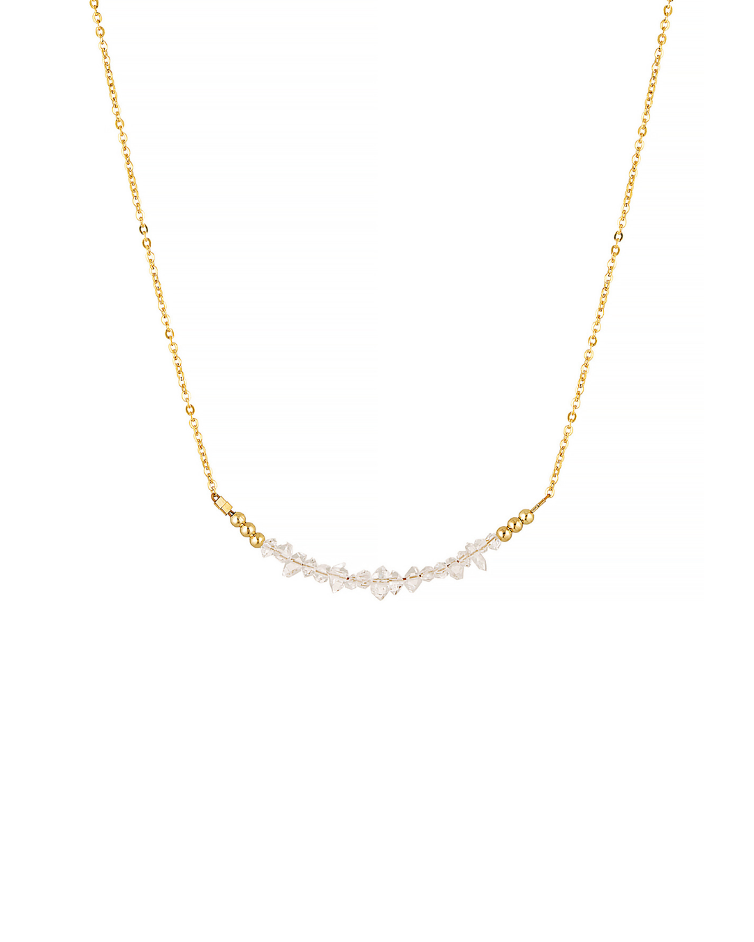 Gold necklace with small herkimer diamonds on a white background