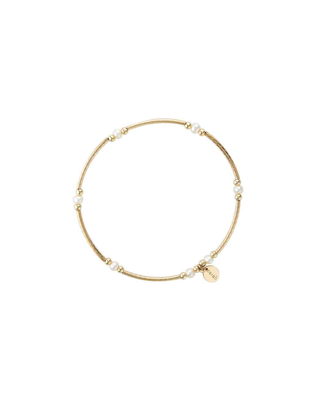 Gold beaded bracelet with small round pearls on a white background