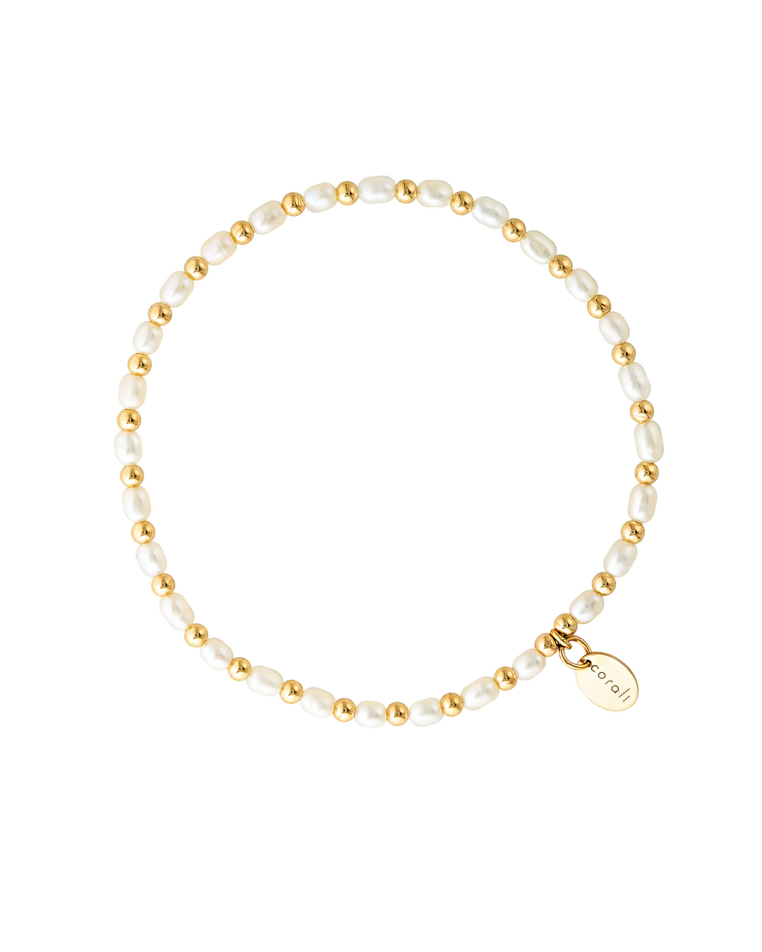 Bracelet with gold and pearl beads on a white background