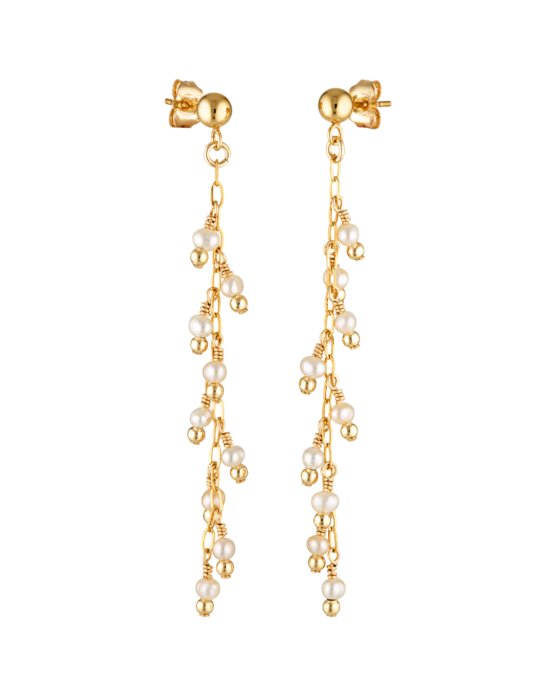 Gold and pearl earrings on a white background
