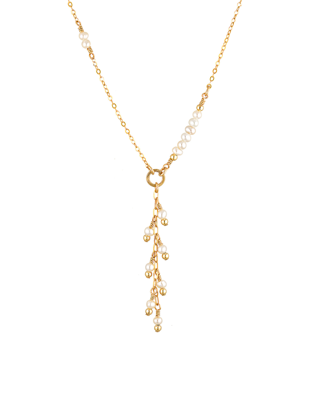 Gold lariat necklace with pearl drops on a white background