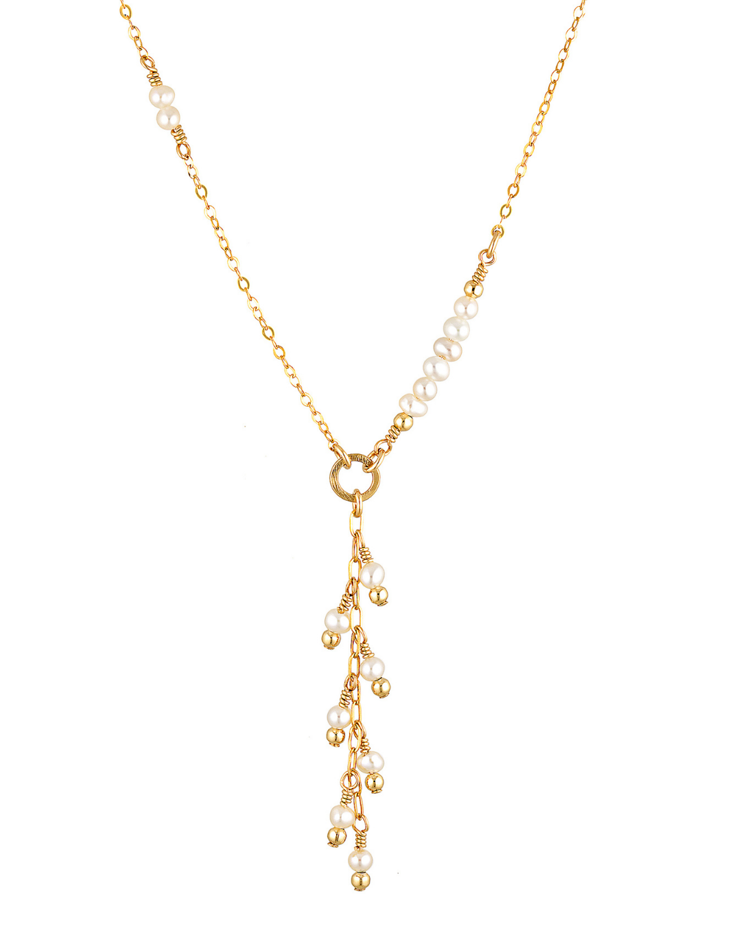 Gold necklace with pearl drops on a white background