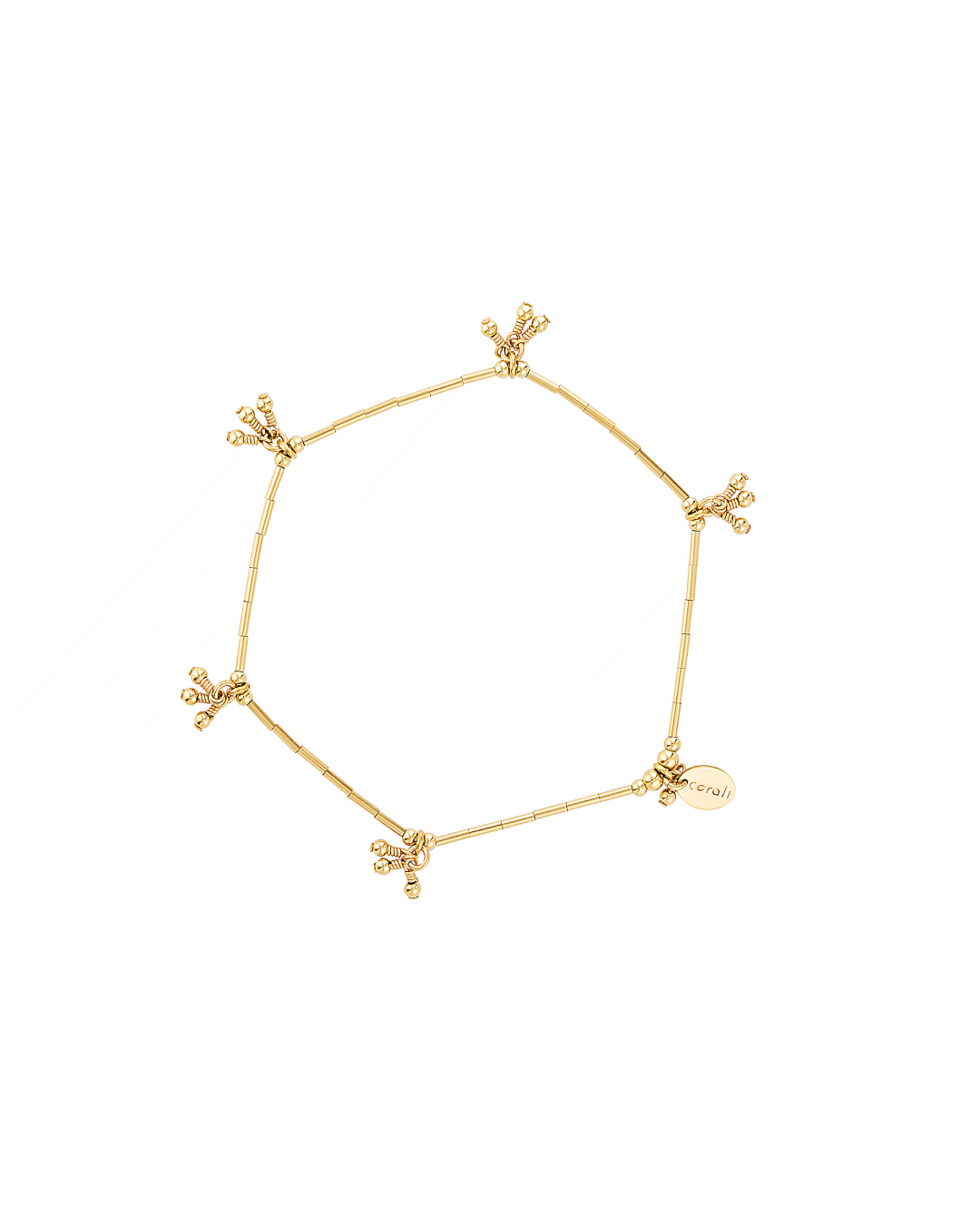 Gold bracelet with small decorative elements on a white background