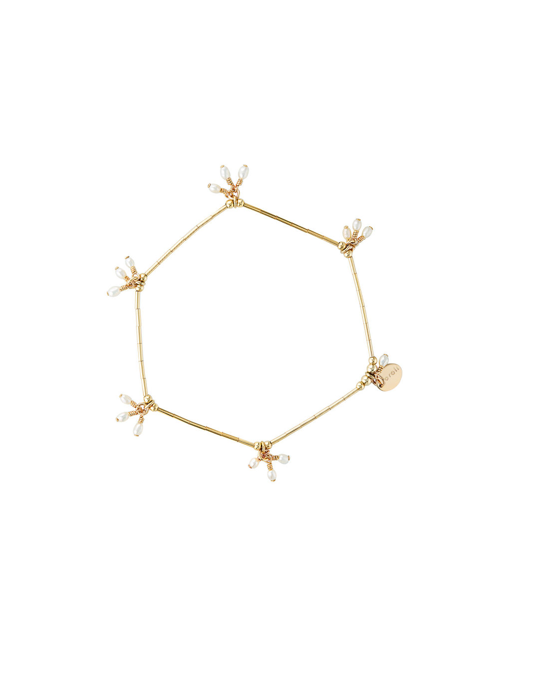 Gold bracelet with pearl beads on a white background