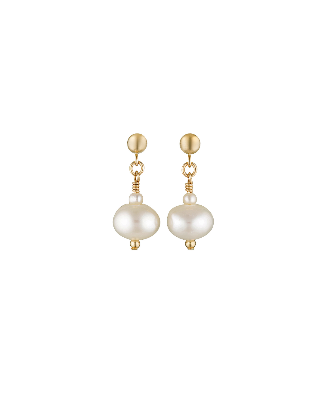 Pair of pearl stud drop earrings with gold accents on a white background