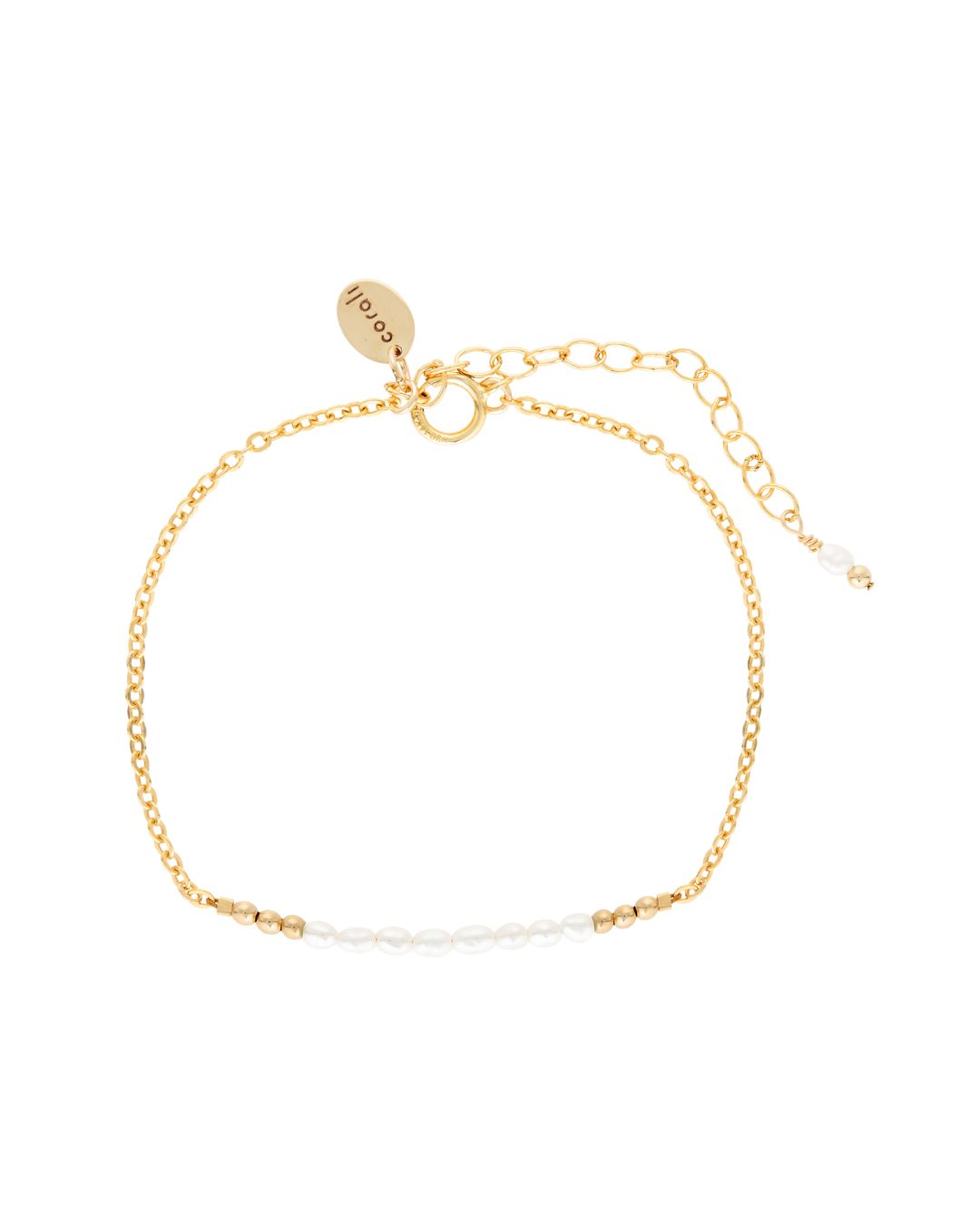 Gold chain and pearl bracelet on white background.