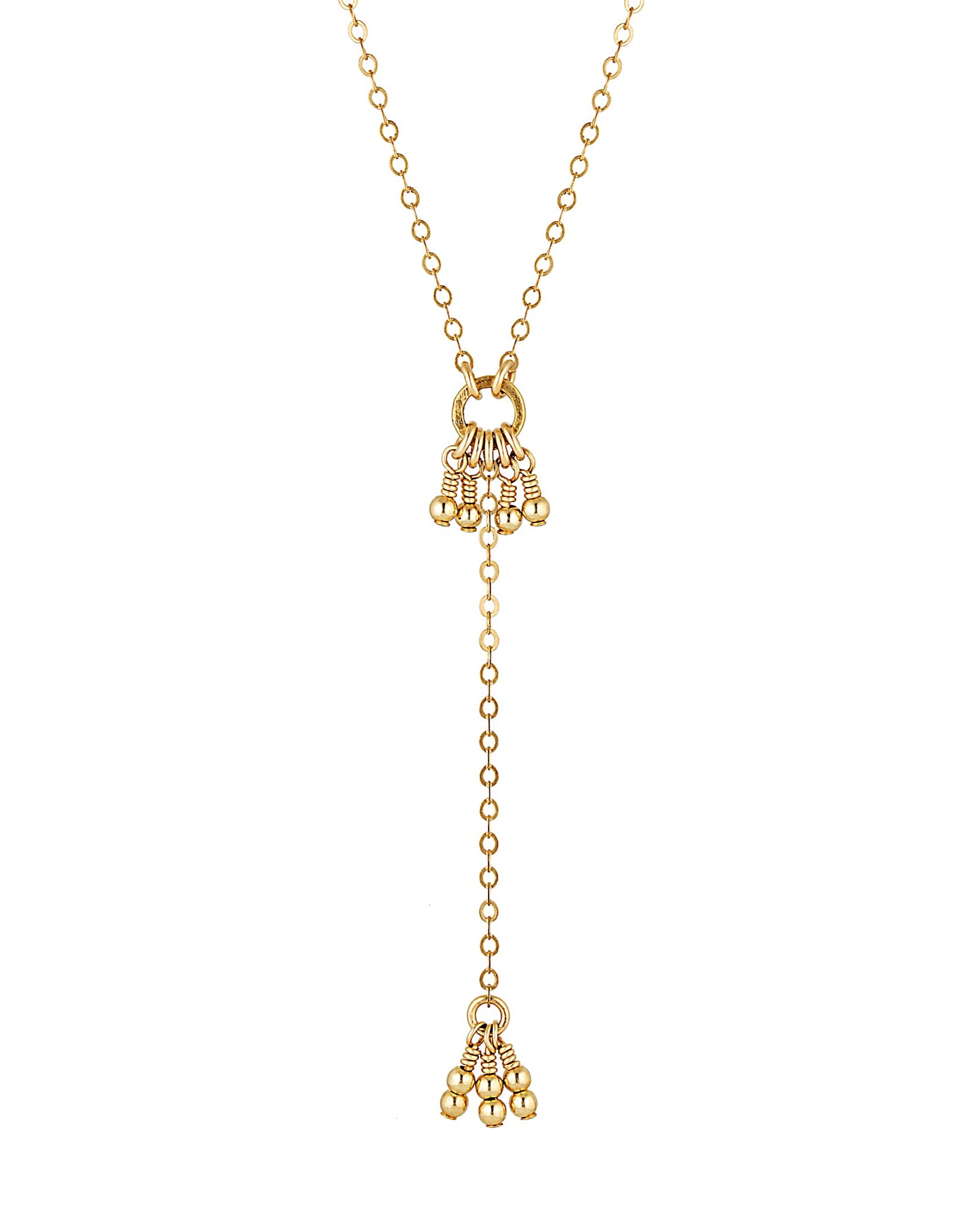 A gold lariat necklace with wire wrapped beads and a small charm at the bottom, displayed against a white background.