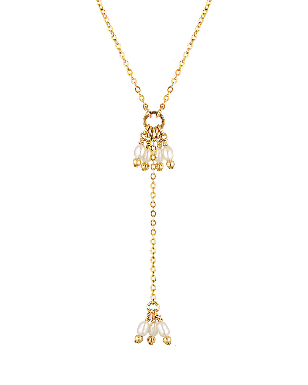 Gold necklace with pearl drops on a white background