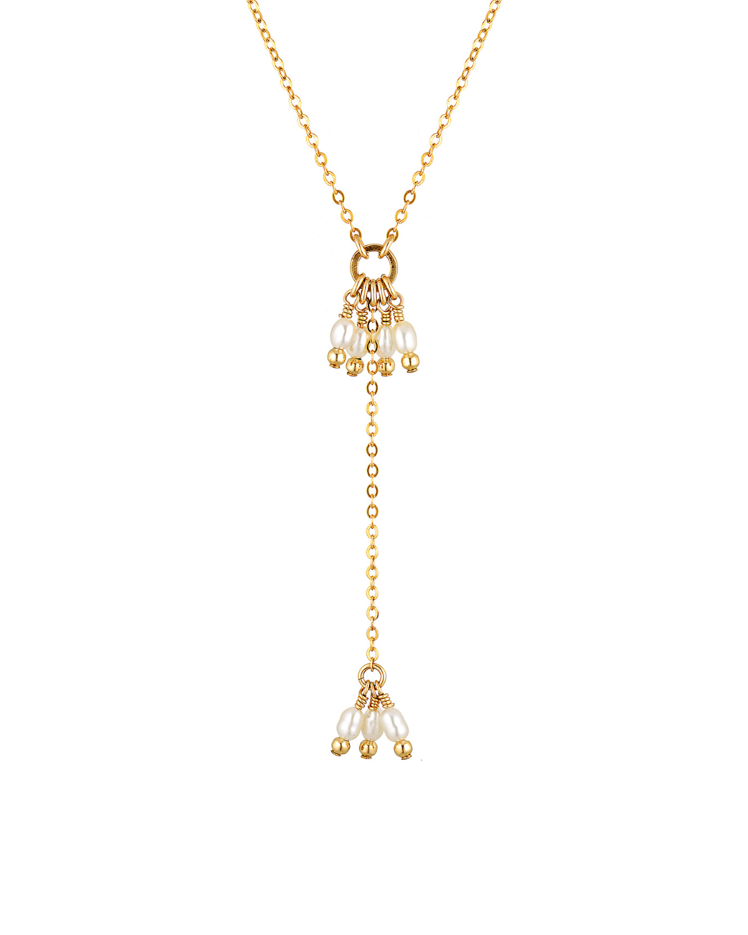 Gold lariat necklace with pearl drops on a white background